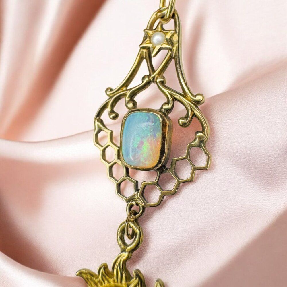 ANTIQUE- 10k Gold- Natural Opal & Seed Pearl Sun Necklace - Victorian Era- 2.1g - Picture 13 of 16
